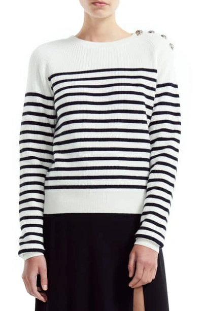 Maje Marin Stripe Button Detail Cotton & Wool Blend Sweater In Ecru