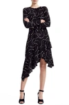 MAJE RETOILE STAR PRINT ASYMMETRICAL LONG SLEEVE DRESS,MFPRO00559