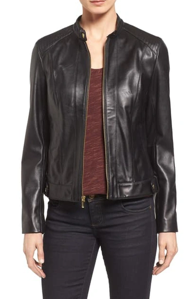 Cole Haan Leather Moto Jacket In Black