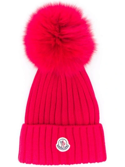 Moncler Ribbed-knit Beanie Hat W/fur Pompom In Pink