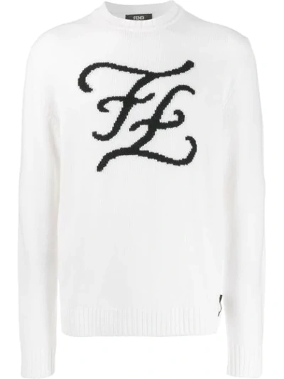 Fendi Karligraphy Knitted Crew Neck Sweater In White