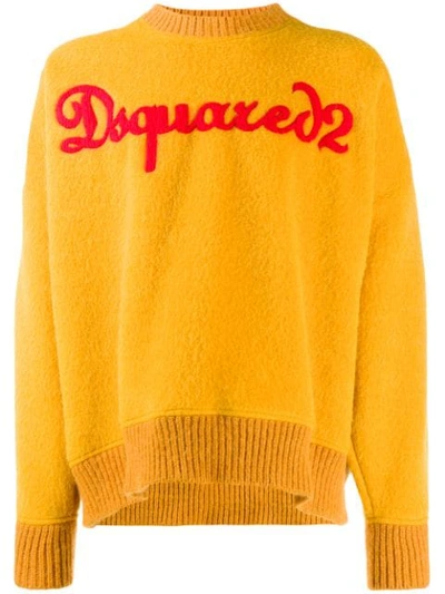 Dsquared2 Felt Patches Wool Blend Crewneck Sweater In Ochre