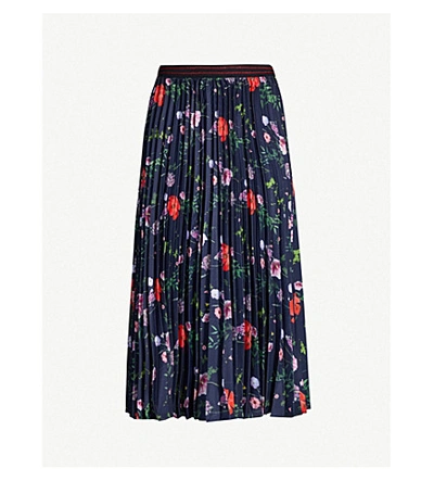 Ted Baker Hedgerow Floral-print Pleated Woven Skirt In Dk-blue