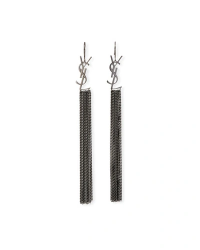 Saint Laurent Silver Tone Chain Drop Logo Earrings