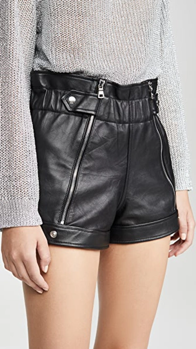 Rta Louie Leather Paperbag Waist Shorts In Black