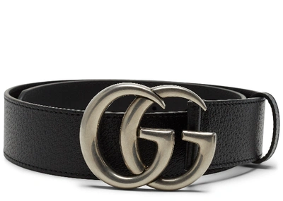 Pre-owned Gucci  Double G Silver Buckle Textured Leather Belt 1.5 Width Black