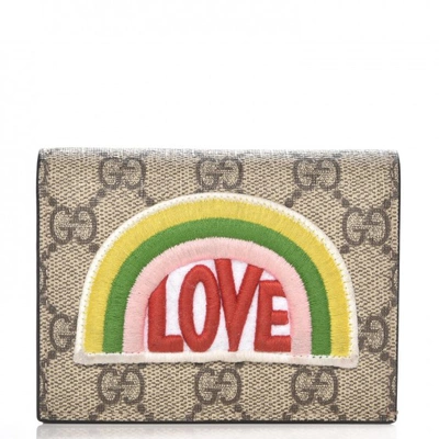 Pre-owned Gucci Card Case Wallet Gg Supreme Rainbow Beige/hibiscus Red