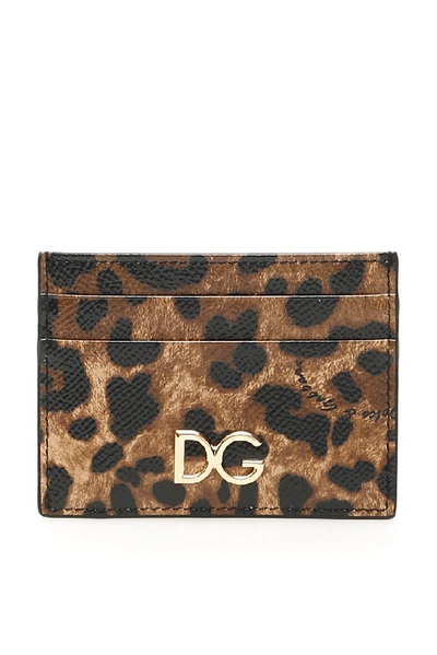 Dolce & Gabbana Leopard Print Leather Card Holder In Beige,black,brown