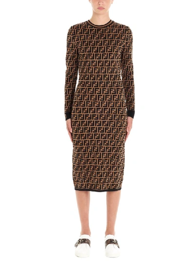 Fendi Long Sleeve Logo Jacquard Wool, Silk & Cashmere Sweater Dress In Brown