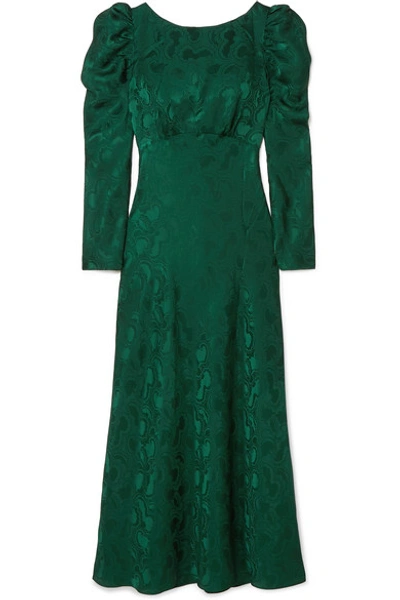 Saloni Alena Ruched Silk-jacquard Midi Dress In Forest Green
