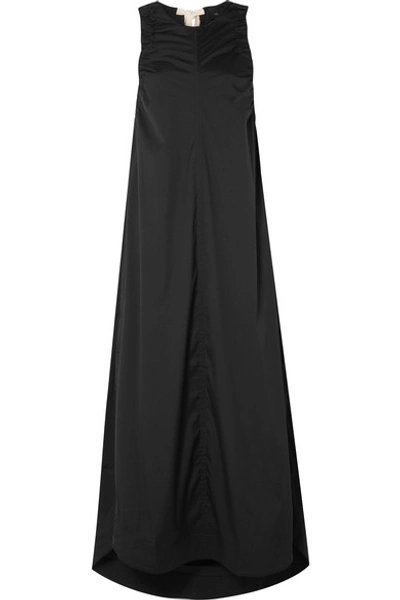Lee Mathews Elsie Ruched Stretch Cotton-blend Poplin Midi Dress In Black
