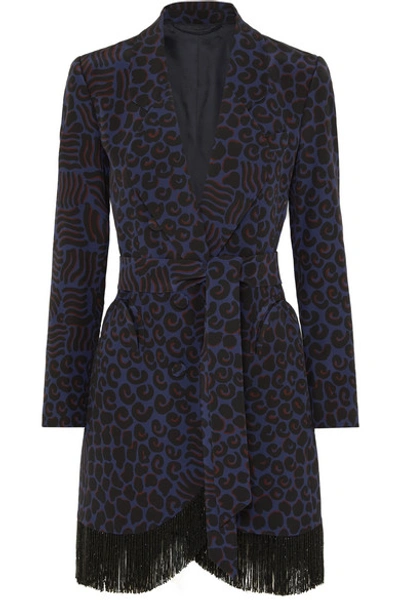 Blazé Milano Vayana Sunshine Belted Fringed Leopard-print Silk-crepe Blazer In Navy