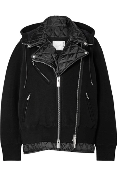 Sacai Hooded Quilted Shell-paneled Cotton-blend Jersey Biker Jacket In Black