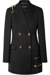 VERSACE DOUBLE-BREASTED DECONSTRUCTED EMBELLISHED TULLE-TRIMMED WOOL BLAZER