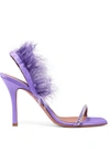 AMINA MUADDI ADWOA CRYSTAL AND FEATHER-EMBELLISHED SATIN SLINGBACK SANDALS