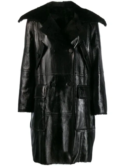 Yves Salomon Double-breasted Leather Coat In C99 Noir
