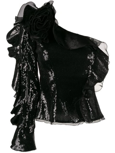 Dundas One-sleeve Ruffle-trimmed Sequinned Top In Black