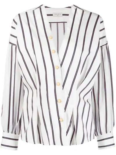 Sandro Naelle Stripe Asymmetrical Snap Placket Cotton Shirt In White