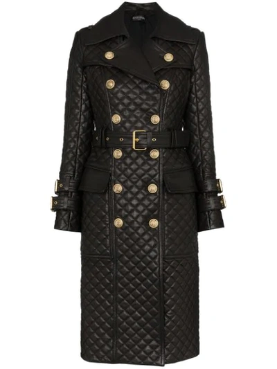 Balmain Double Breasted Quilted Leather Trench Coat In Black