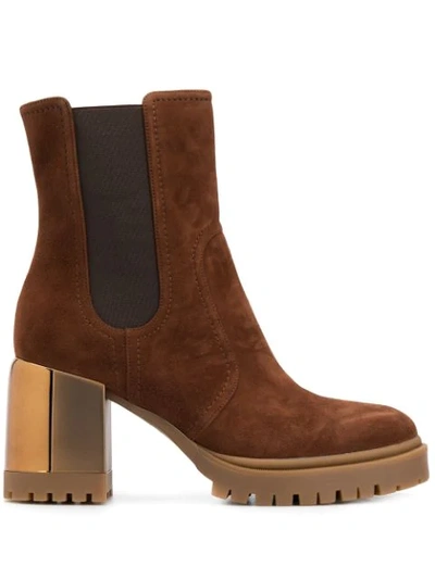 Casadei Suede Ankle Boots With Plated Chunky Heel In Brown