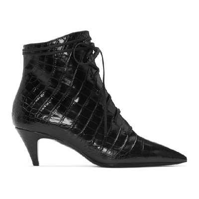 Saint Laurent Charlotte Lace-up Crocodile-effect Leather Boots In Black