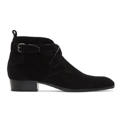 Saint Laurent Wyatt Buckle Suede Boots In Black