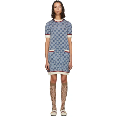 Gucci Gg Logo Jacquard Shift Sweater Dress In Blue