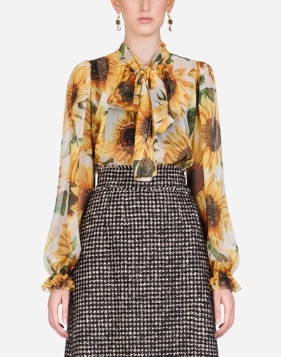 Dolce & Gabbana Sunflower-print Chiffon Shirt With Pussy Bow In Multi-colored