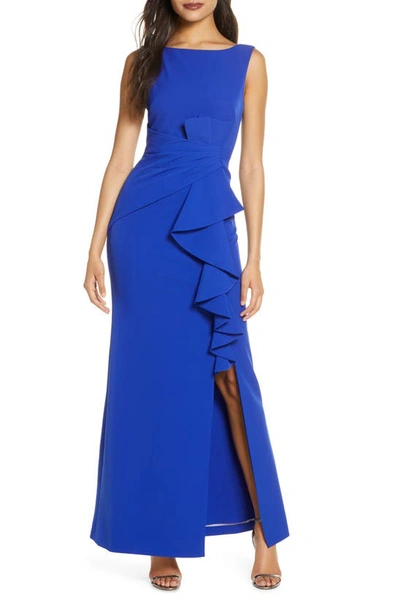 Eliza J Sleeveless Cascading-ruffle Gown In Cobalt