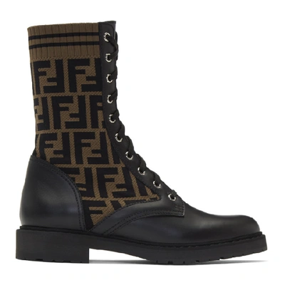 Fendi Rockoko Logo-jacquard Stretch-knit And Leather Ankle Boots In Black