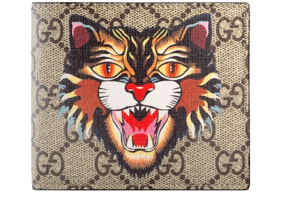 Pre-owned Gucci Bifold Wallet Gg Supreme Angry Cat Print Beige
