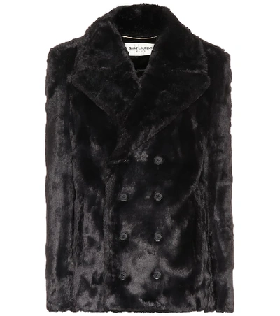 Saint Laurent Faux Fur Pea Coat In Black