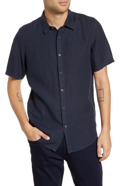 Theory Irving Slim Fit Short Sleeve Button-up Linen Sport Shirt In Eclipse