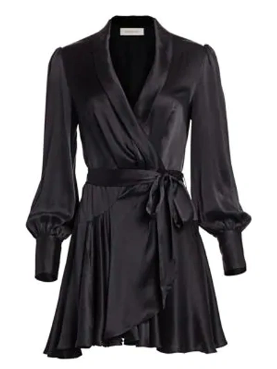 Zimmermann Espionage Silk Mini Wrap Dress In Black