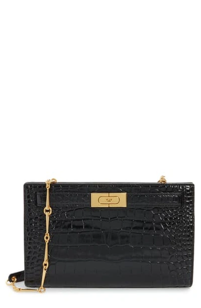 Tory Burch Lee Radziwill Embossed Leather Clutch In Black/gold