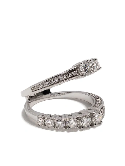 As29 18kt White Gold Icicle Half Diamond Pave Double Ring In Silver