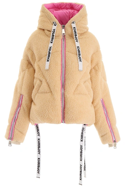 Khrisjoy Quilted Printed Faux Shearling Down Hooded Jacket In Beige
