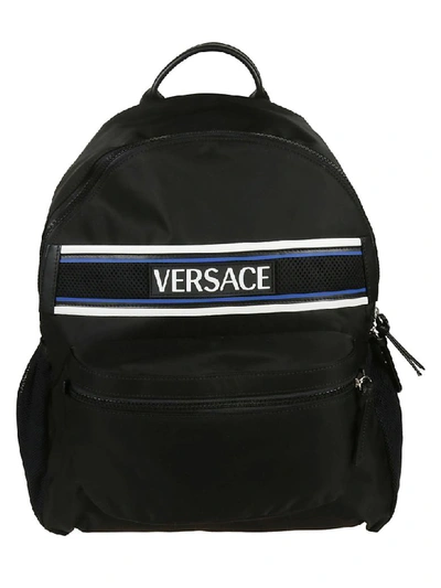 Versace Logo Stripe Backpack In Black