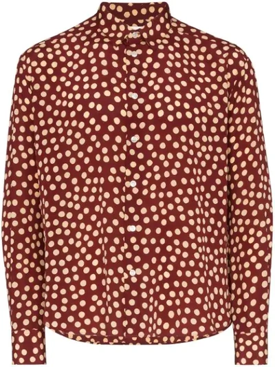 Saint Laurent Fawn Polka Dot Long Sleeve Silk Button-up Shirt In Red