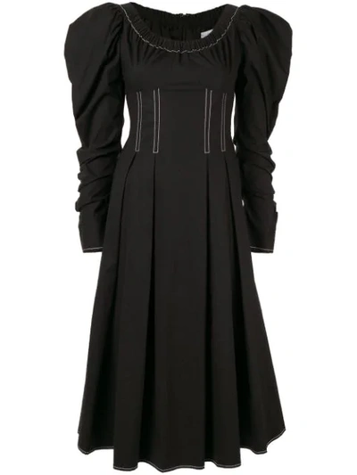 Rejina Pyo Carla Puffed-sleeve Cotton-blend Midi Dress In Cotton Black