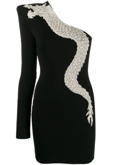 Balmain One-sleeve Crystal-embellished Stretch-jersey Mini Dress In Black