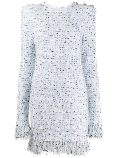 Balmain Button-embellished Fringed Metallic Tweed Mini Dress In White