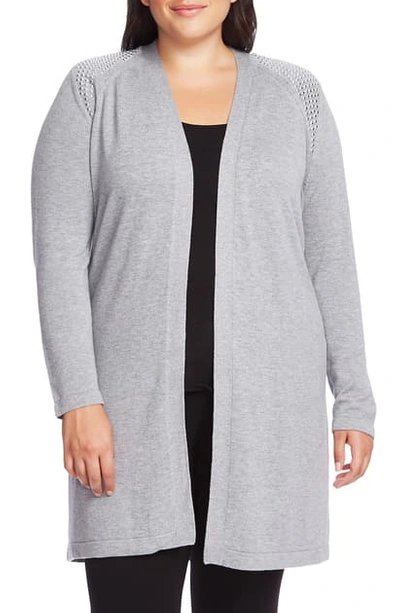 Vince Camuto Studded Shoulder Long Cardigan In Silver Heather