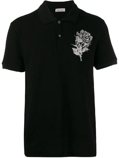 Alexander Mcqueen Skull Rose-embroidered Cotton-piqué Polo Shirt In 1000 Black