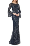 Carmen Marc Valvo Infusion Sequin Embroidered Trumpet Gown In Midnight