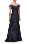 LA FEMME OFF THE SHOULDER RUCHED SATIN TRUMPET GOWN,28103