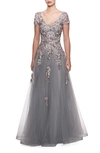 LA FEMME EMBROIDERED & BEADED BALLGOWN,27968