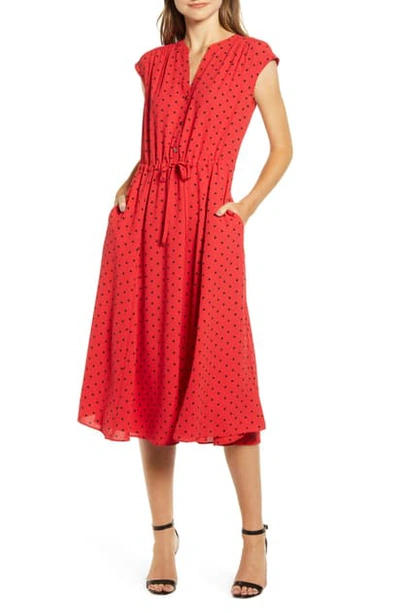 Anne Klein Polka Dot Drawstring Waist Dress In Pinot/ Anne Black