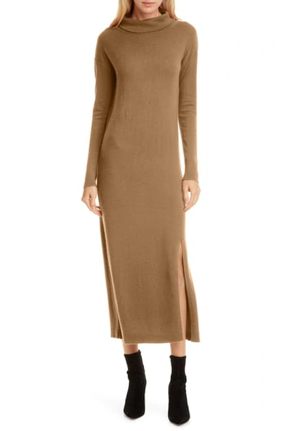 Allude Turtleneck Long Sleeve Wool & Cashmere Midi Dress In Caramel