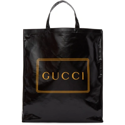 Gucci Logo印花涂层帆布托特包 In Black